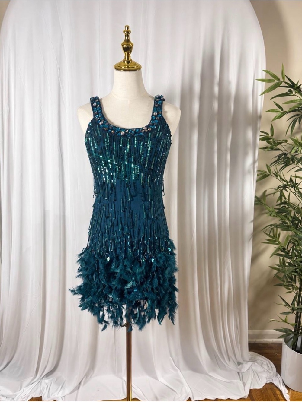 Jovani Teal Sequin & Feather Mini Dress